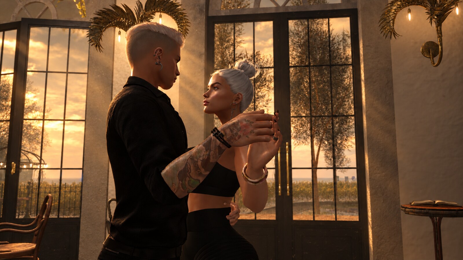 Two Second Life avatars sharing a close dance, illustrating AWAKE relationship and in-world presence.