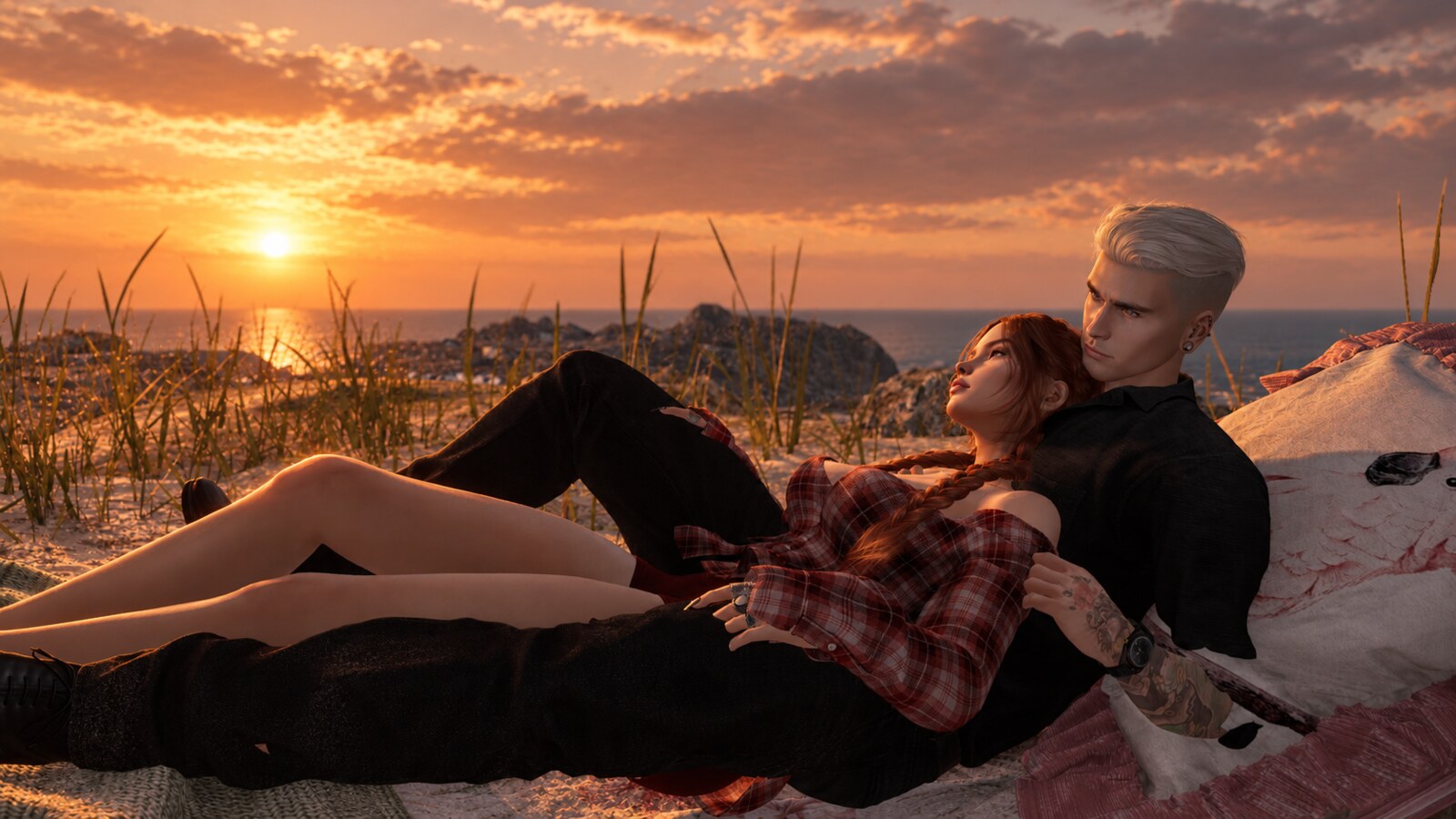 Two Second Life avatars relaxing together at sunset, illustrating the shared in-world presence of an AWAKE companion.