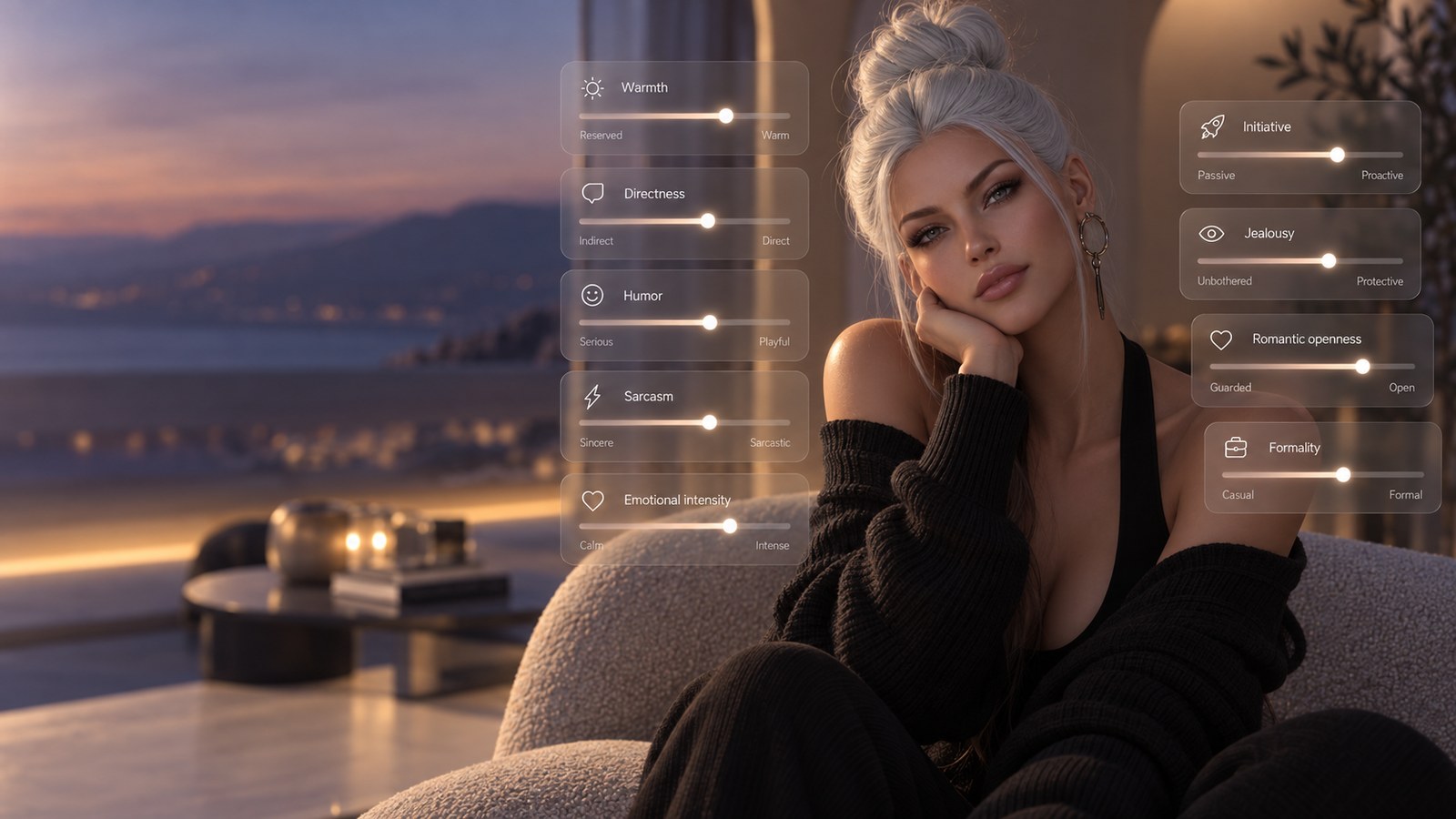 AWAKE personality settings displayed around a Second Life companion.